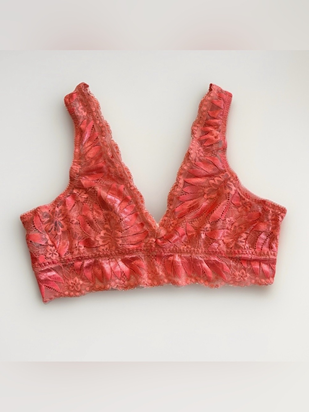 Aerie Coral Pink Floral Lace V-Neck Lined Bralette Size Large L/G